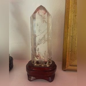 Clear Crystal Obelisk on Wooden Stand